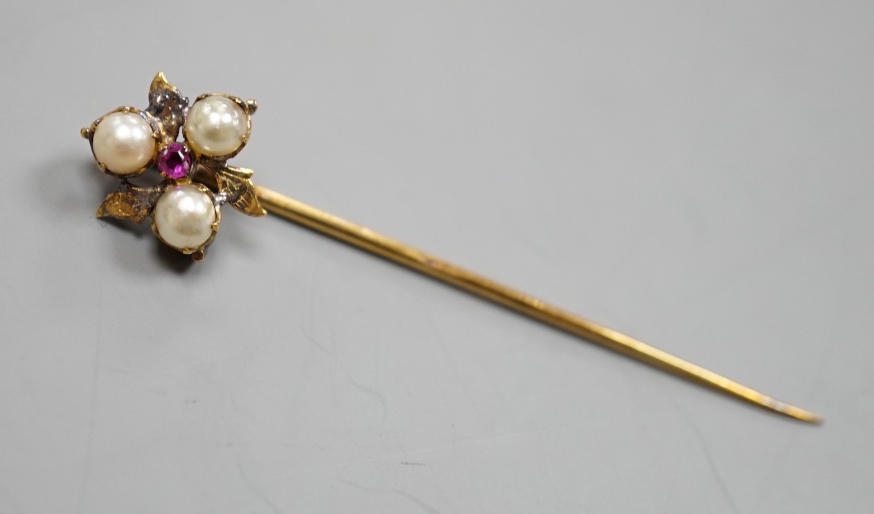 Two unmounted oval white opals, approx. 16mm and a yellow metal, cultured pearl and gem set stick pin.